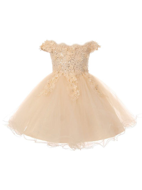 Girls 3D Floral Sequin Tulle Off Shoulder Junior Bridesmaid Dress 4-12